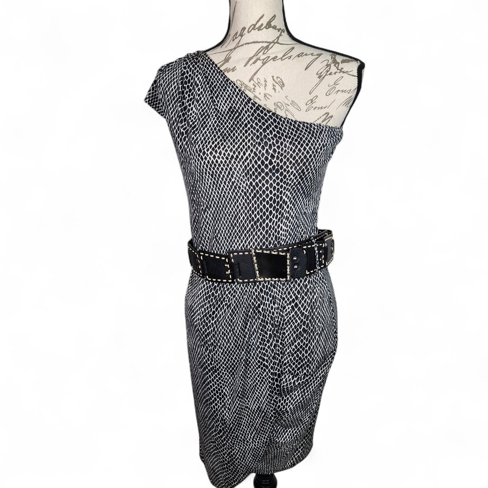 JOSEPH RIBKOFF Dress Womens 6 Black White One Shoulder Belted Snake Print Knit